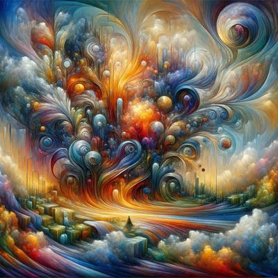The primary subject of the image is a painting featuring a cityscape with a large, colorful explosion in the center. The setting is a city, and the visual style is a mix of digital art and illustration. The dominant colors in the painting are orange, blue, and yellow, creating a vibrant and lively atmosphere. The painting is likely a representation of a city's growth and development, with the explosion symbolizing progress and change.